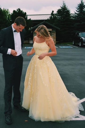 046, Hot Yellow tulle lace long prom dress party HZ1023